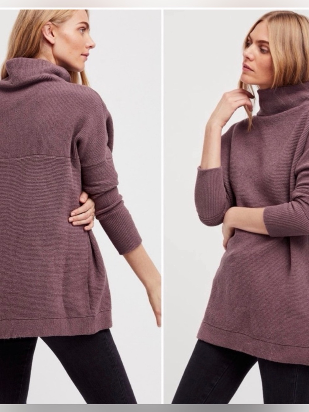 Free People Ribbed Ottoman Slouchy Mock Neck Tunic Sweater Black Raisin S New